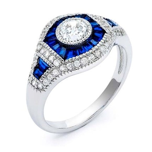 Sapphire Blue Spinel & Synthetic Diamond Deco Ring - Size 6 OR 7 - Picture 1 of 5